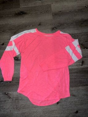 Pink Woman’s ' Neon Pink Long Sleeve Athletic Top with White Sleeve Stripes